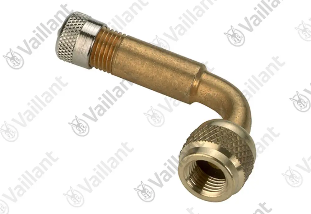 Verchromte Verlängerung mit einem gebogenen Ende und Gewindeanschluss, typisches Bauteil für Vaillant Heizsysteme zur Verbindung von Ventilen.